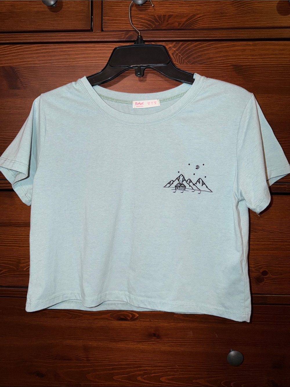 ROMWE Embroidered Mountain Cabin Cropped Tee Coastal Blue M
